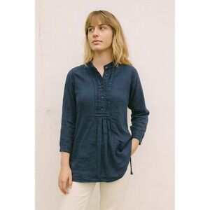 Ines De La Fressange Uniqlo Linen Top Womens Small Navy Blue Linen‎ Lace Detail